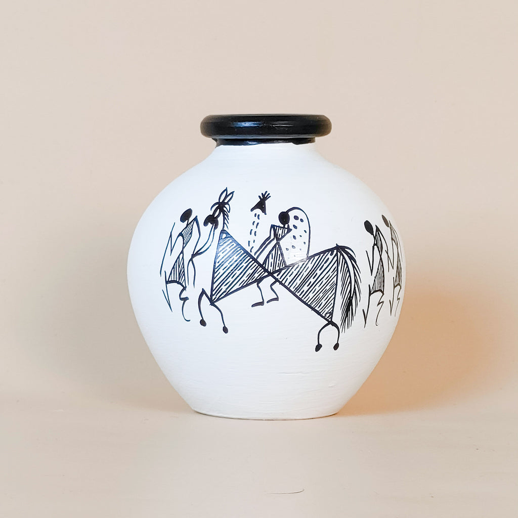 Hand-Painted Tribal Art Decorative Vases – Set of 3 | Ethnic White & Black Pottery