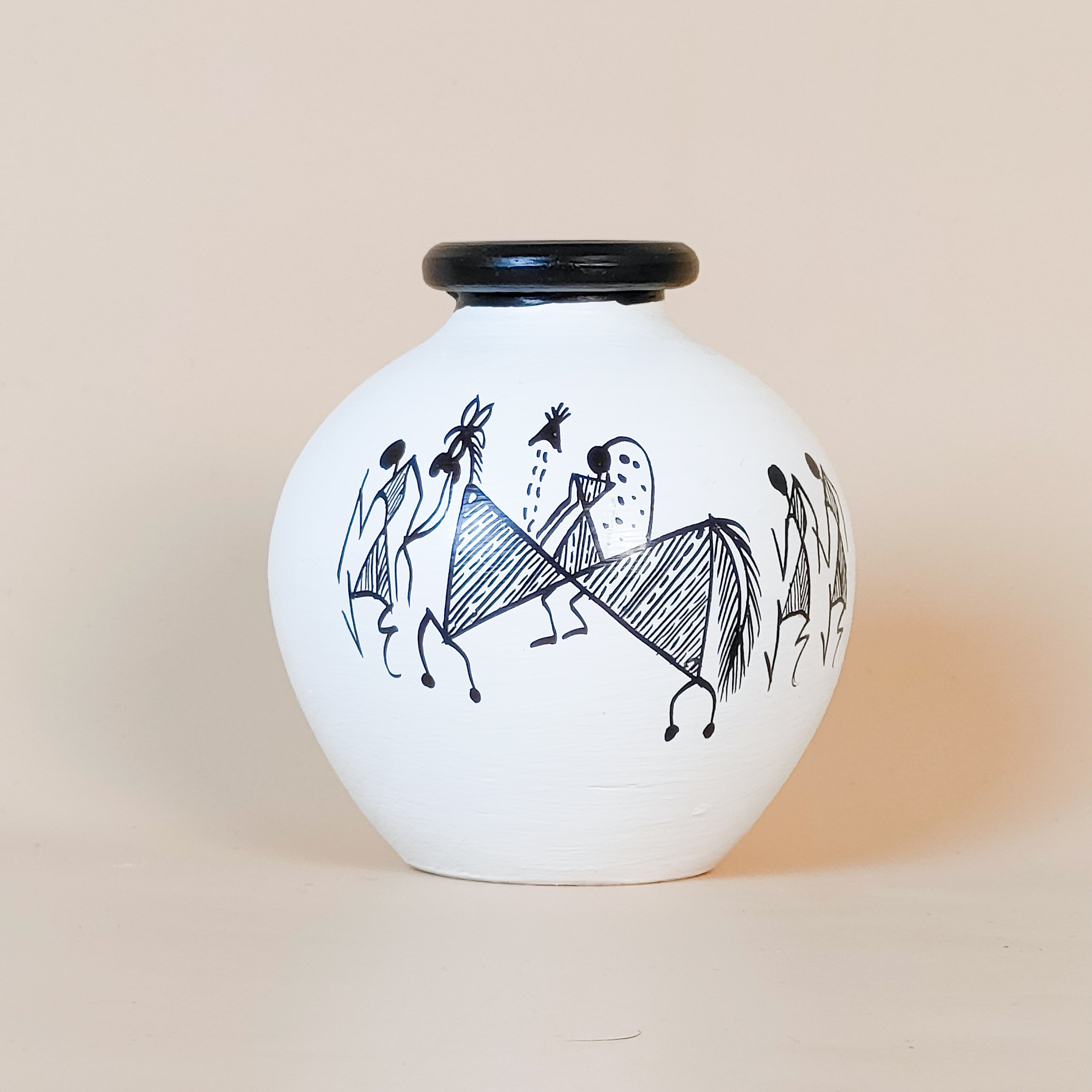 Hand-Painted Tribal Art Decorative Vases – Set of 3 | Ethnic White & Black Pottery