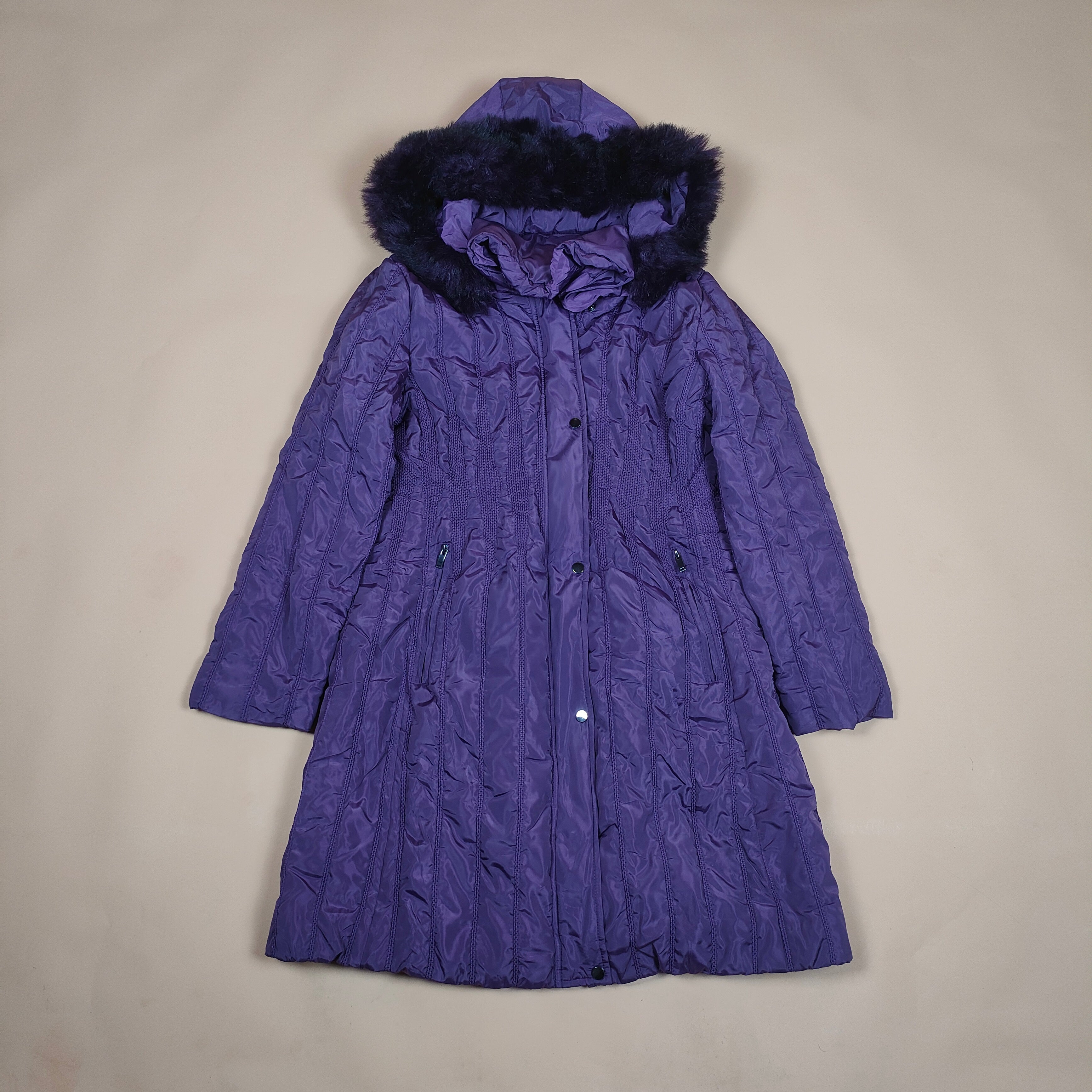 Long Quilted Hooded Winter Coat with Faux-Fur Trim