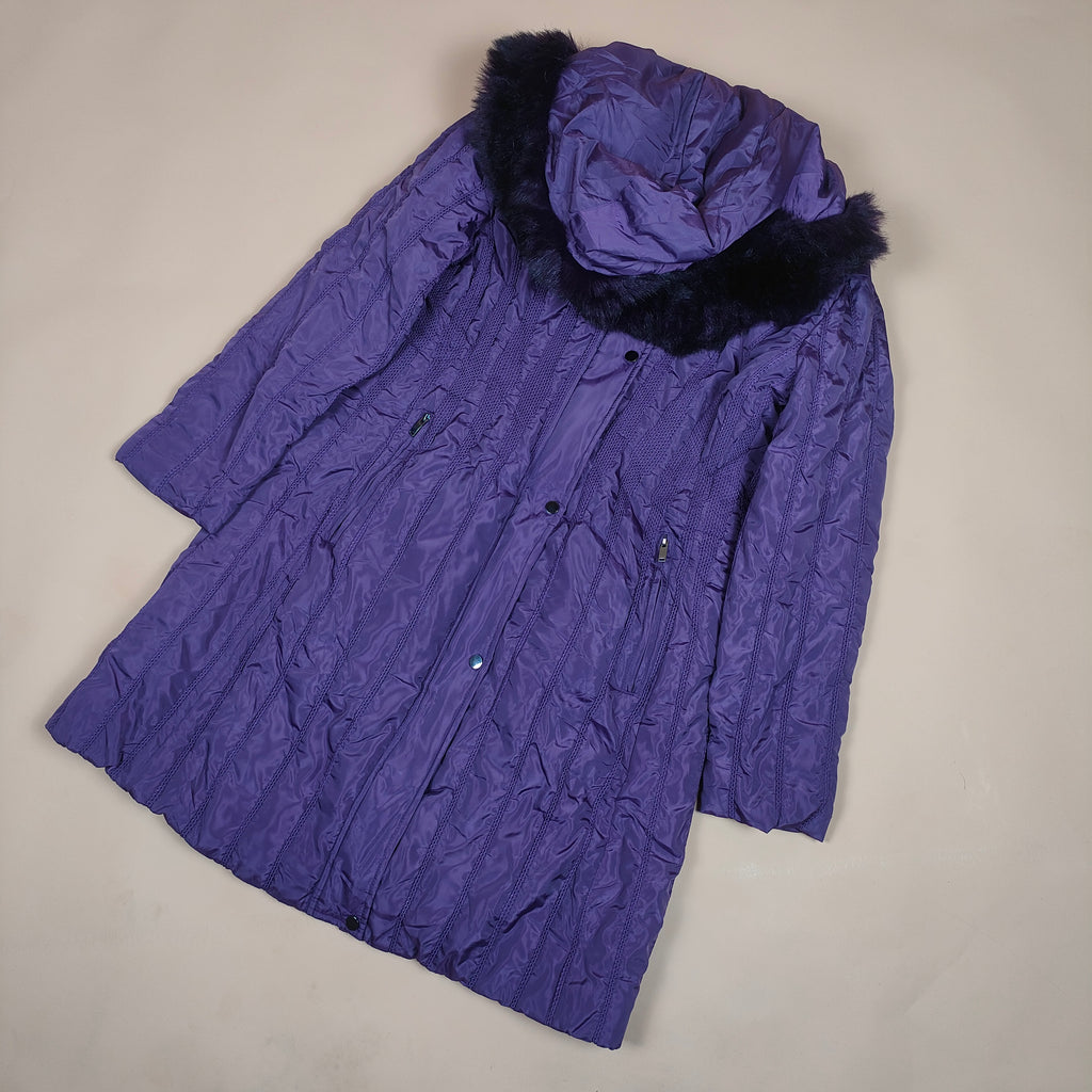 Long Quilted Hooded Winter Coat with Faux-Fur Trim