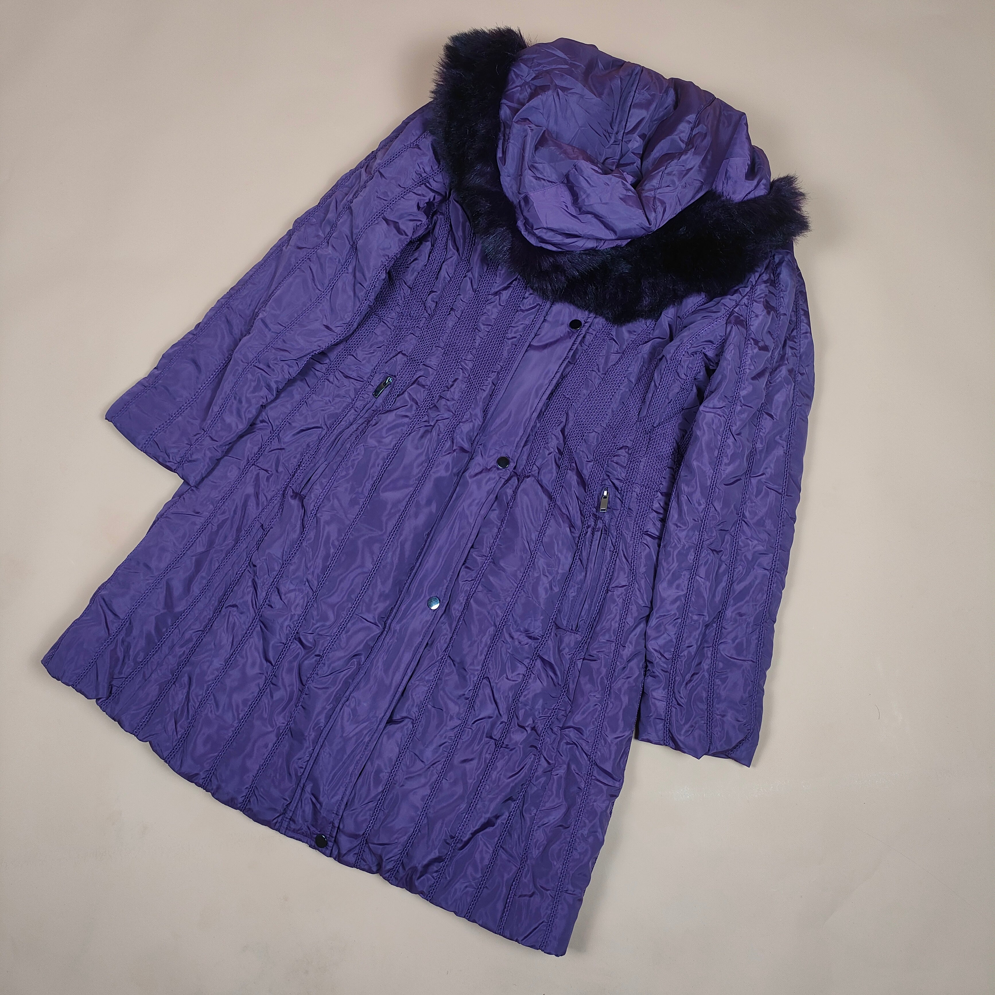 Long Quilted Hooded Winter Coat with Faux-Fur Trim