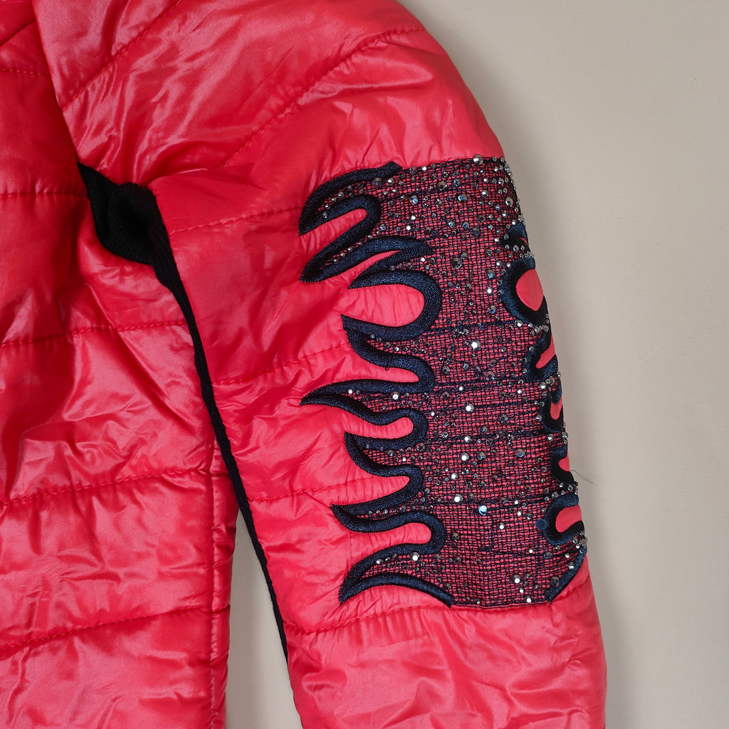 Quilted Hooded Puffer Jacket with Embellished Flame Detailing ( SIZE-S )