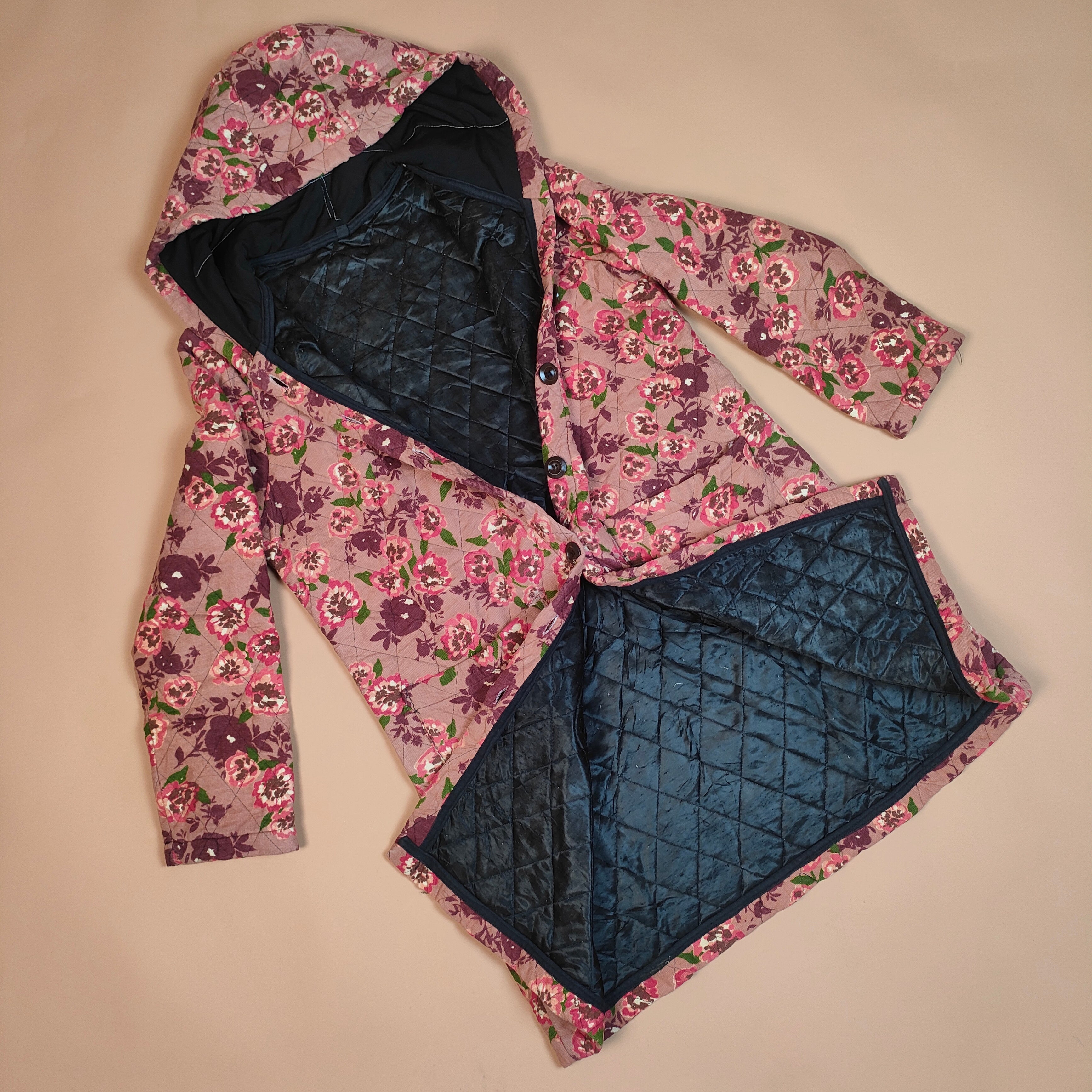 Floral Hooded Quilted Jacket with Button ( SIZE-L )
