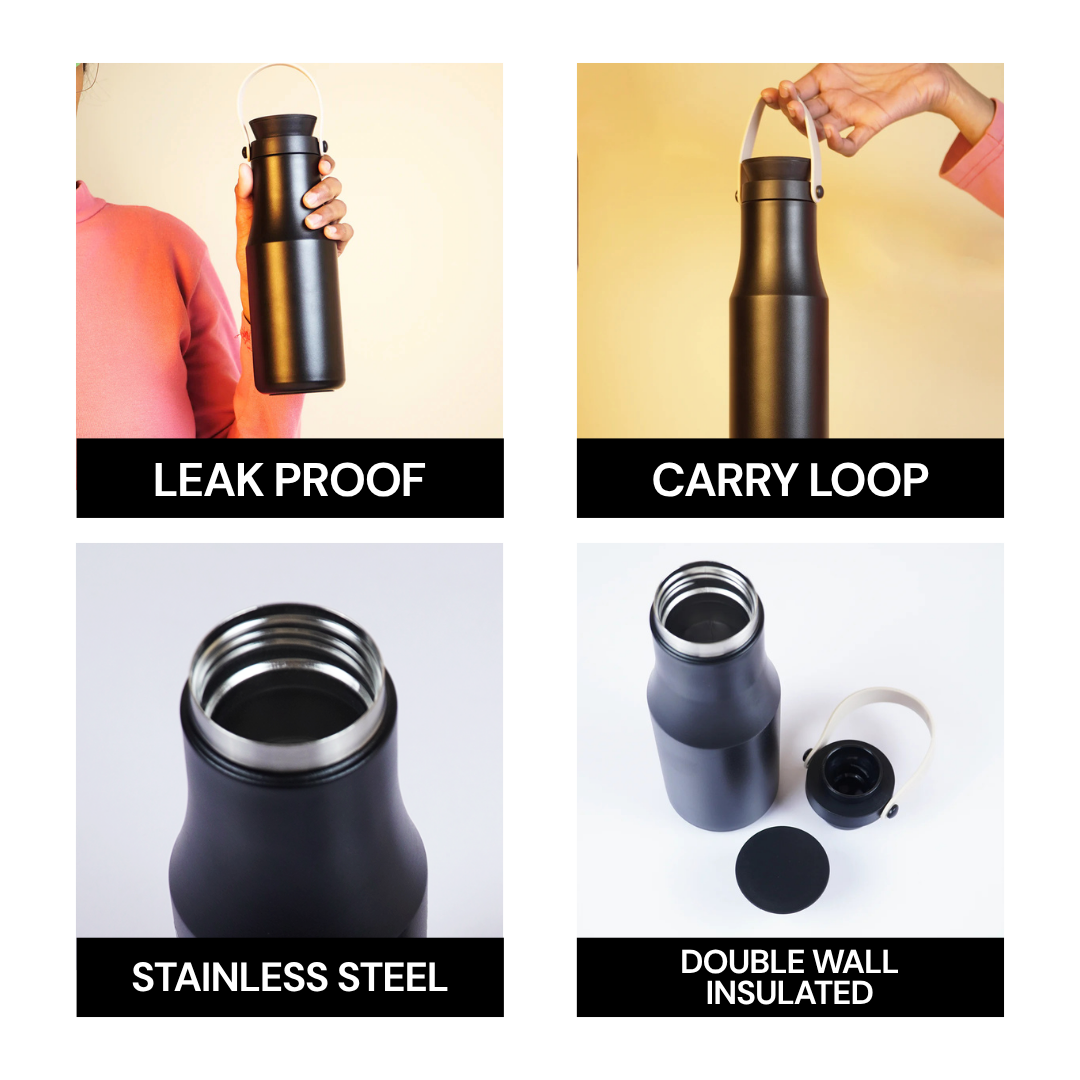 Premium Black Insulated Water Bottle with Carry Handle