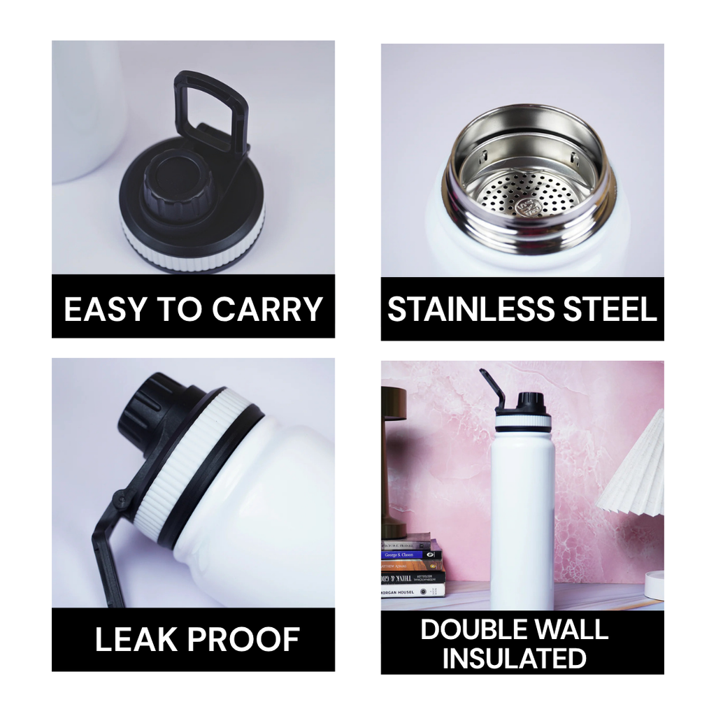 800ml Stainless Steel Water Bottle with Carry Handle | Leak-Proof Reusable Bottle | Travel, Gym & Office | White Finish