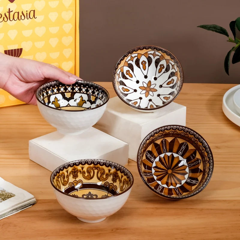 Hand-Painted Style Ceramic Bowl Set of 4 – Moroccan Inspired Decorative Serving & Snack Bowls