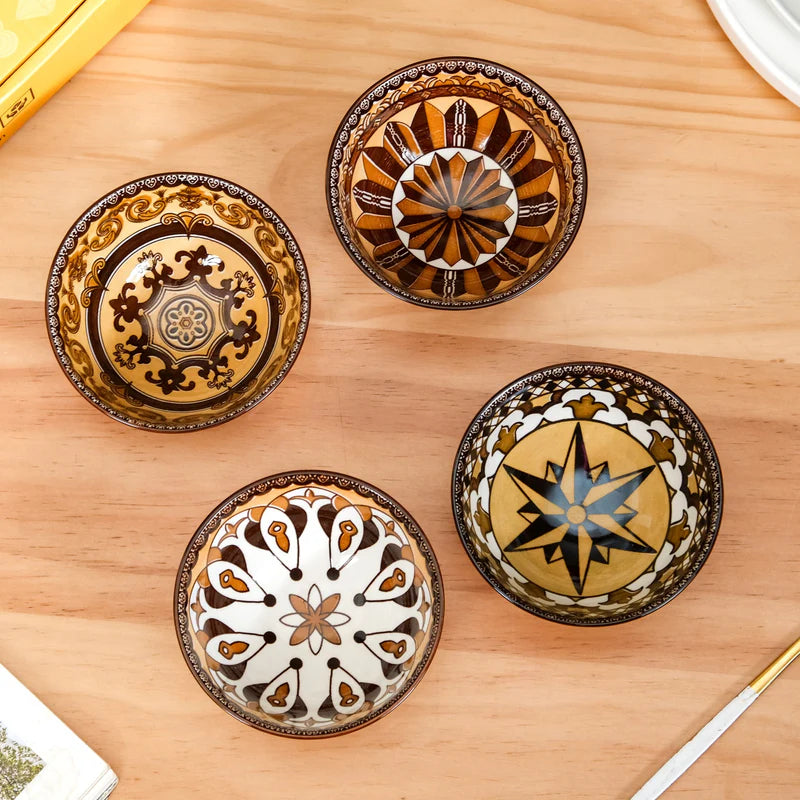Hand-Painted Style Ceramic Bowl Set of 4 – Moroccan Inspired Decorative Serving & Snack Bowls