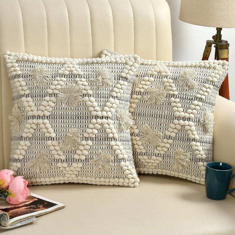 Cream Boho Textured Cushion Cover Set – Geometric Tufted Decorative Throw Pillows Cover Set for Sofa, Living Room & Bedroom (Pack of 2)