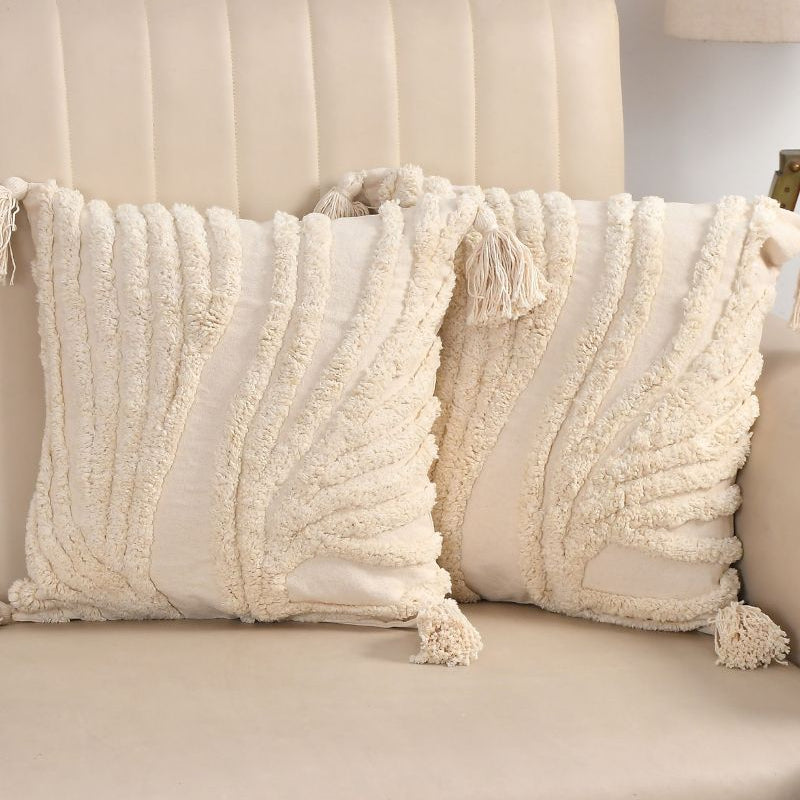 Cream Boho Textured Tassel Cushion Cover Set – Tufted Decorative Throw Pillows for Sofa, Living Room & Bedroom (Pack of 2)
