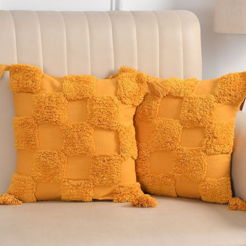 Mustard Boho Textured Cushion Cover Set – Tufted Decorative Throw Pillows with Tassels for Sofa, Living Room & Bedroom (Pack of 2)