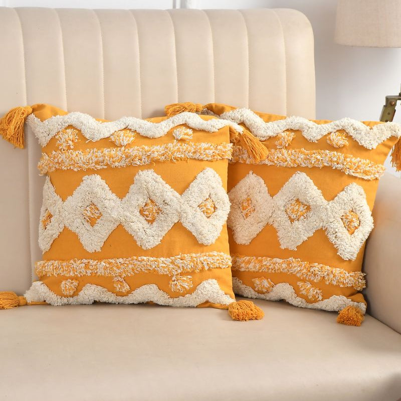Mustard & Cream Boho Tufted Cushion Cover Set – Geometric Textured Decorative Throw Pillows Cover Set with Tassels for Sofa, Living Room & Bedroom (Pack of 2)