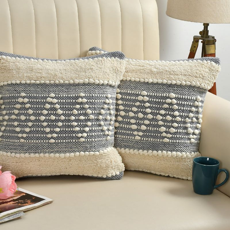 Grey & Cream Boho Textured Cushion Cover Set – Tufted Decorative Throw Pillows Cover Set for Sofa, Living Room & Bedroom (Pack of 2)