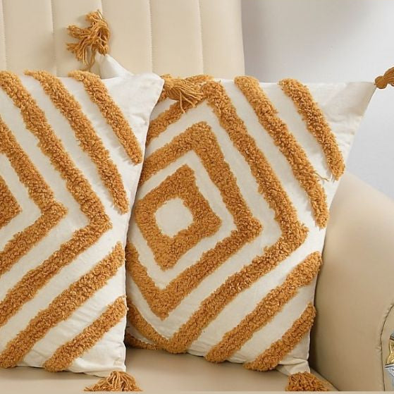 Boho Tufted Diamond Cushion Cover Set – Beige & Mustard Decorative Throw Pillow Covers with Tassels for Sofa, Living Room & Bedroom (Pack of 2)