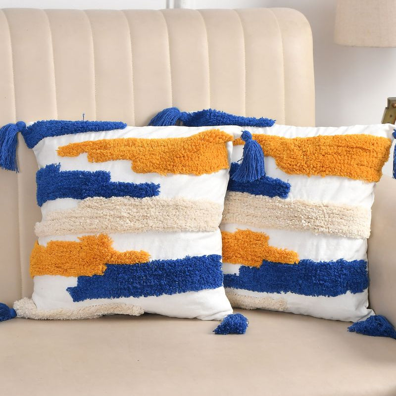 Blue, Mustard & Cream Boho Tufted Cushion Cover Set – Textured Decorative Throw Pillows cover Set with Tassels for Sofa, Living Room & Bedroom (Pack of 2)