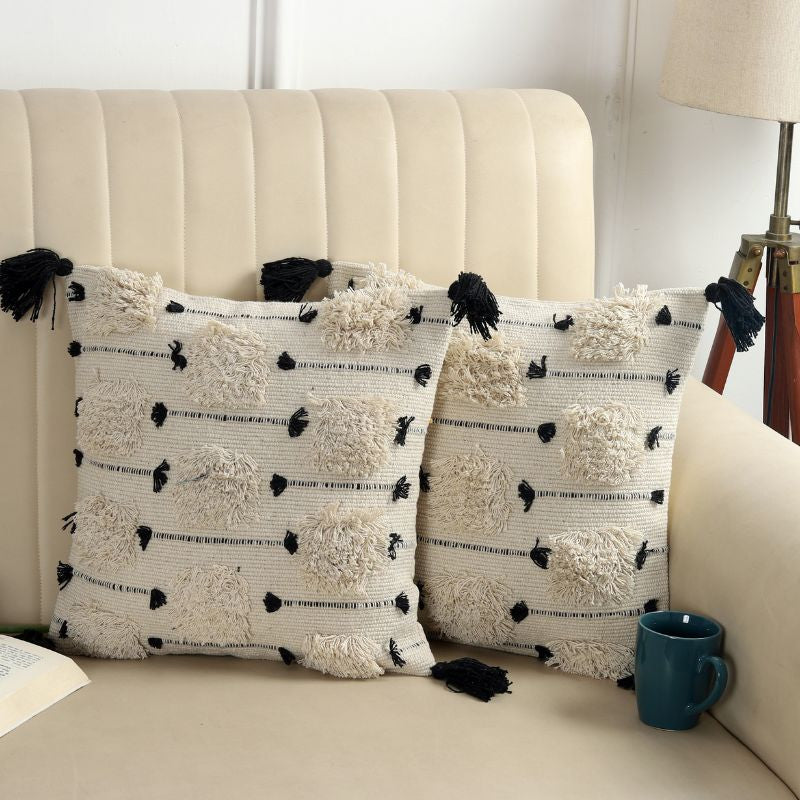 Boho Cream & Black Tufted Cushion Cover Set – Textured Decorative Throw Pillows Cover Set with Tassels for Sofa, Living Room & Bedroom (Pack of 2)