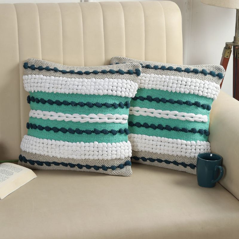 Teal, White & Navy Boho Textured Cushion Cover Set – Striped Tufted Decorative Throw Pillows Cover Set for Sofa, Living Room & Bedroom (Pack of 2)