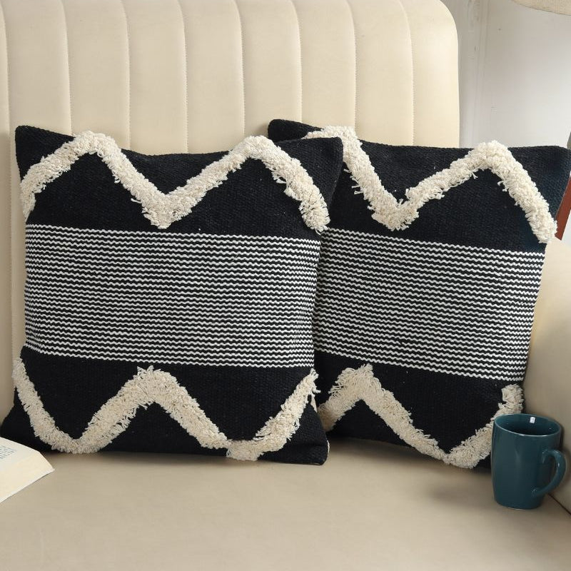 Black & White Boho Zigzag Textured Cushion Cover Set – Tufted Decorative Throw Pillows Cover Set for Sofa, Living Room & Bedroom (Pack of 2)