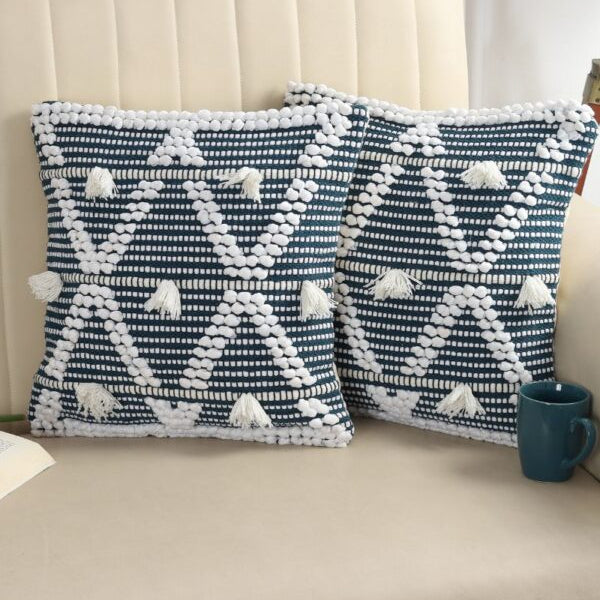 Boho Geometric Tufted Cushion Cover Set – Blue & White Textured Decorative Throw Pillows Cover Set with Tassels for Sofa, Living Room & Bedroom (Pack of 2)