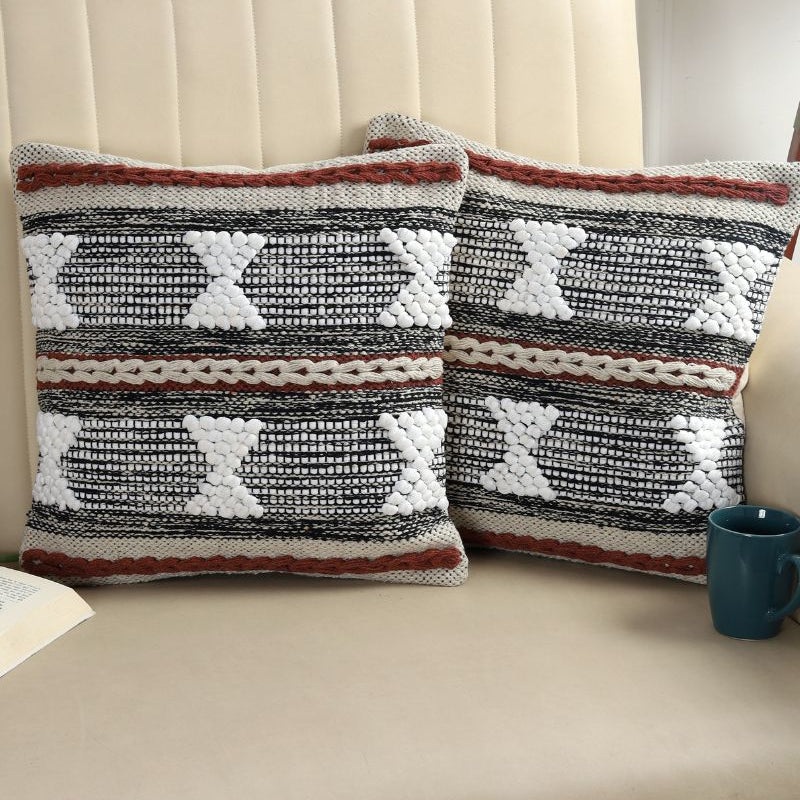 Boho Tribal Textured Cushion Cover Set – Black, White & Rust Tufted Decorative Throw Pillows Cover Set for Sofa, Living Room & Bedroom (Pack of 2)