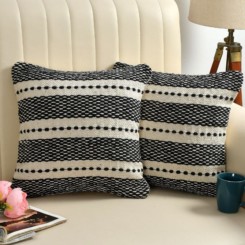 Black & Cream Striped Boho Cushion Cover Set – Textured Woven Decorative Throw Pillows for Sofa, Living Room & Bedroom (Pack of 2)
