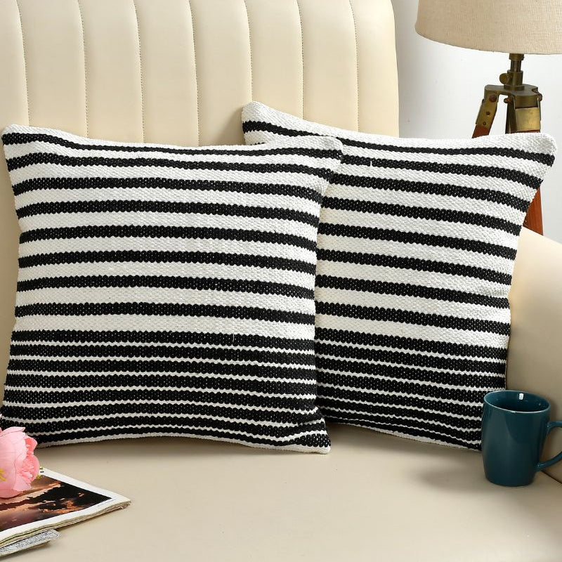 Black & White Striped Cushion Cover Set – Modern Woven Decorative Throw Pillows Cover Set for Sofa, Living Room & Bedroom (Pack of 2)