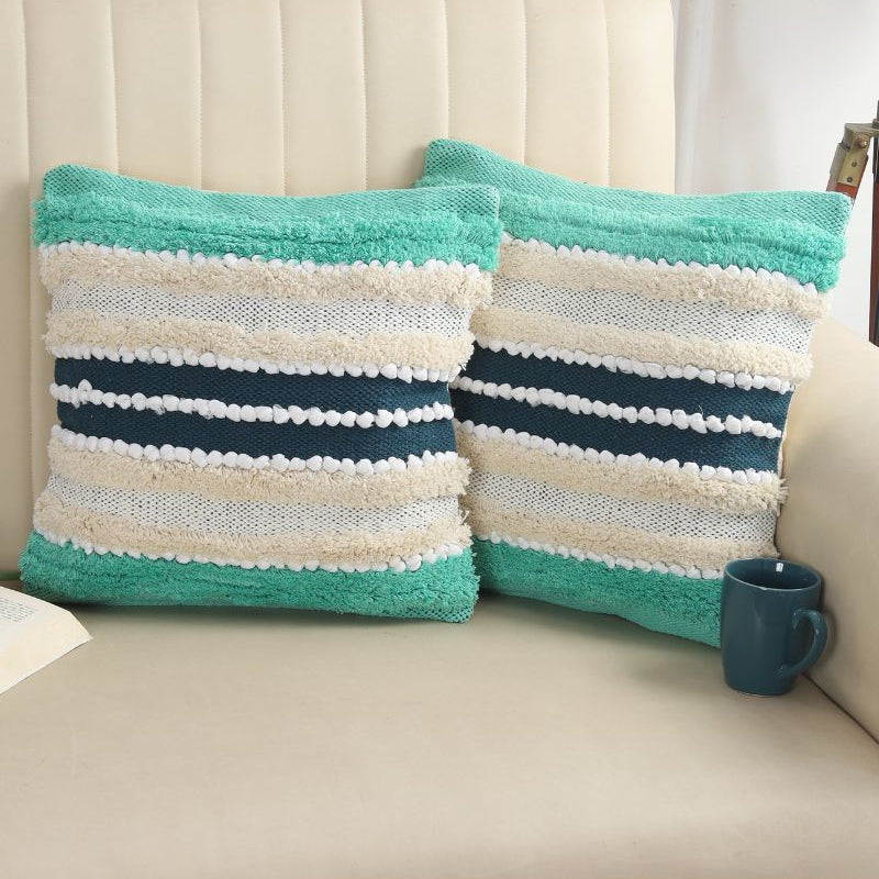 Teal, Cream & Navy Boho Textured Cushion Cover Set – Striped Tufted Decorative Throw Pillows Cover Set for Sofa, Living Room & Bedroom (Pack of 2)