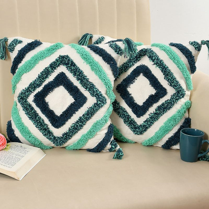 Boho Geometric Textured Cushion Cover Set – Green & Navy Diamond Tufted Decorative Throw Pillows Cover Set with Tassels for Sofa, Living Room & Bedroom (Pack of 2)