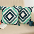 Boho Geometric Textured Cushion Cover Set – Green & Navy Diamond Tufted Decorative Throw Pillows Cover Set with Tassels for Sofa, Living Room & Bedroom (Pack of 2)
