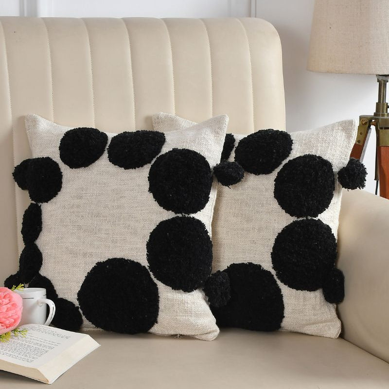Black Polka Dot Tufted Cushion Cover Set – Beige Decorative Throw Pillow Covers for Sofa, Couch & Bedroom, Soft Textured Boho Home Décor (Pack of 2)
