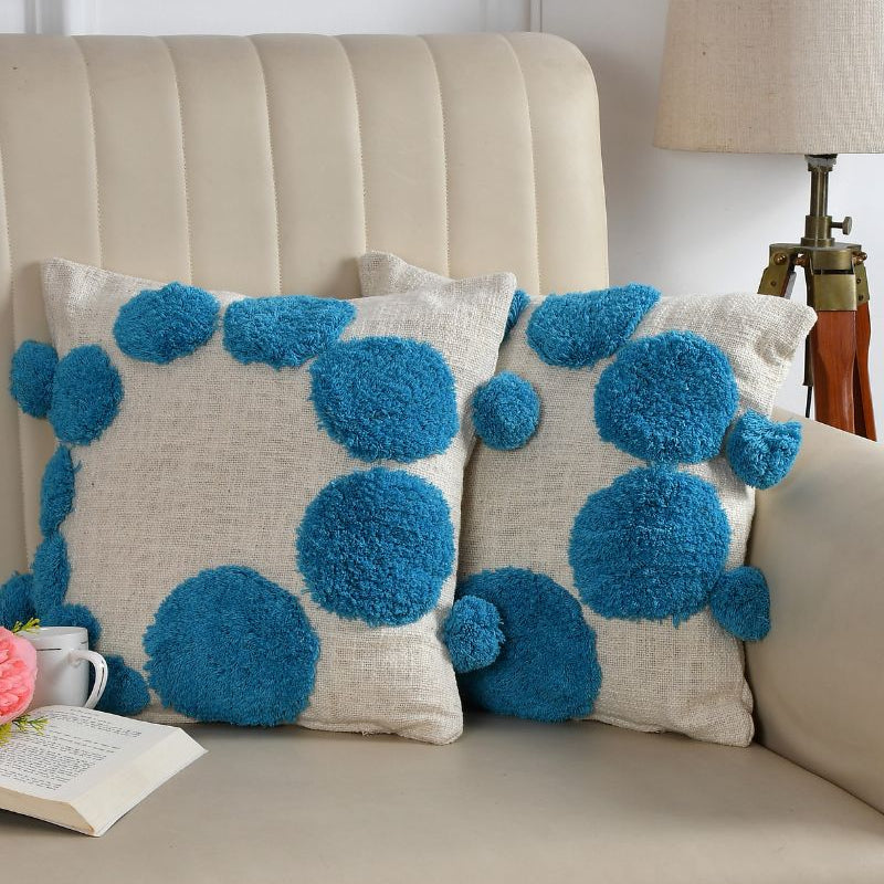 Blue Pom-Pom Textured Cushion Cover Set – Boho Decorative Throw Pillows Cover set for Sofa, Living Room & Bedroom (Pack of 2)