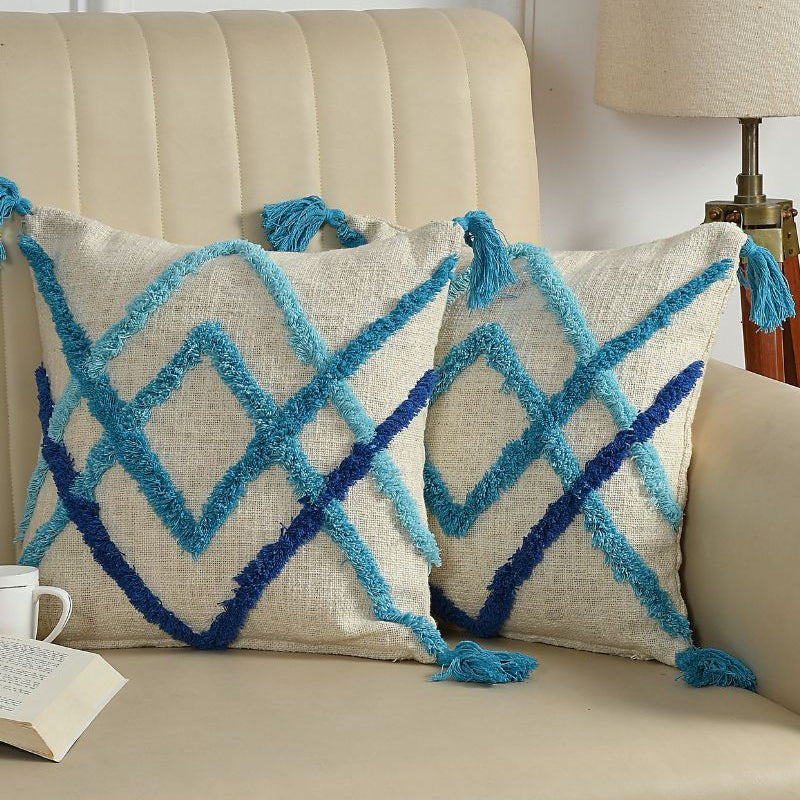 Blue Geometric Boho Cushion Cover Set – Tufted Textured Decorative Throw Pillows with Tassels for Sofa, Living Room & Bedroom (Pack of 2)