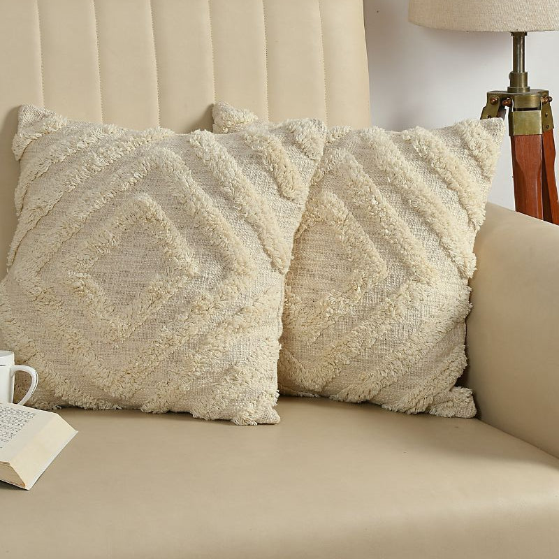 Cream Boho Diamond Textured Cushion Cover Set – Tufted Decorative Throw Pillows Cover Set for Sofa, Living Room & Bedroom (Pack of 2)