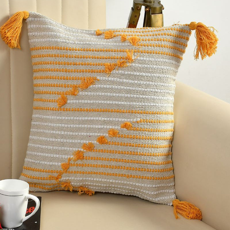 Mustard Tassel Striped Boho Cushion Cover – Textured Woven Decorative Throw Pillow Cover Set for Sofa, Living Room & Bedroom