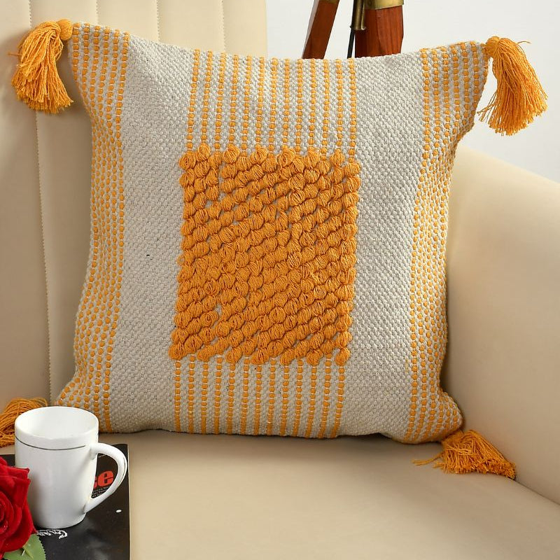 Boho Mustard Tufted Cushion Cover – Textured Square Decorative Throw Pillow Cover Set with Tassels for Sofa, Living Room & Bedroom (Pack of 2)