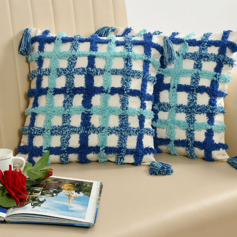 Blue & Teal Checkered Boho Cushion Cover Set – Tufted Textured Decorative Throw Pillows Cover Set with Tassels for Sofa, Living Room & Bedroom (Pack of 2)