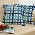 Blue & Teal Checkered Boho Cushion Cover Set – Tufted Textured Decorative Throw Pillows Cover Set with Tassels for Sofa, Living Room & Bedroom (Pack of 2)