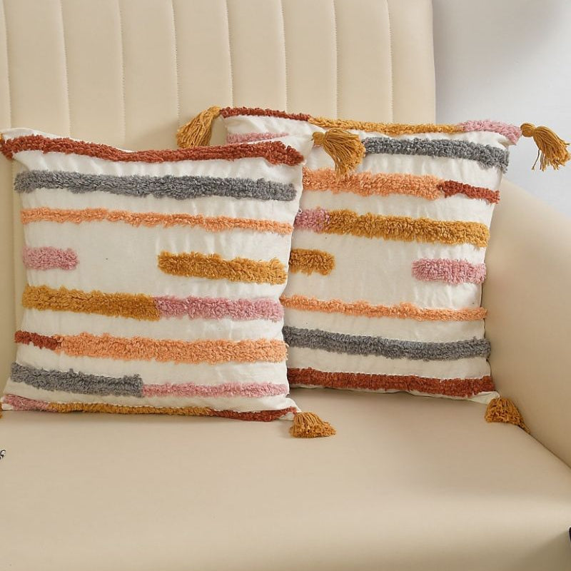 Boho Multicolor Striped Textured Cushion Cover Set – Tufted Decorative Throw Pillows Cover Set with Tassels for Sofa, Living Room & Bedroom (Pack of 2)