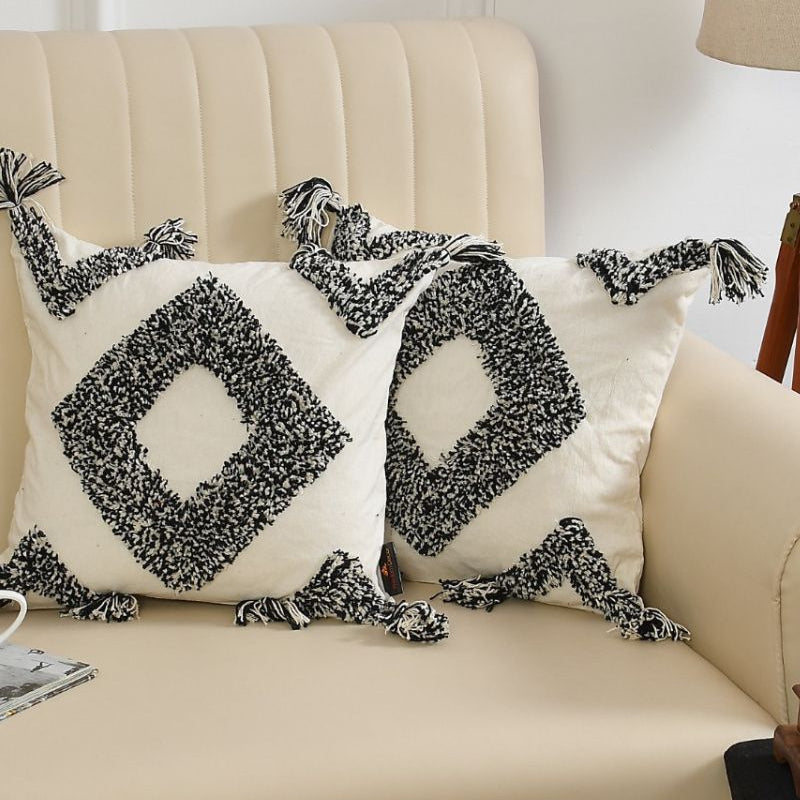 Black & White Tufted Diamond Cushion Cover Set – Boho Decorative Throw Pillow Cover Set Covers with Tassels for Sofa, Living Room & Bedroom (Pack of 2)