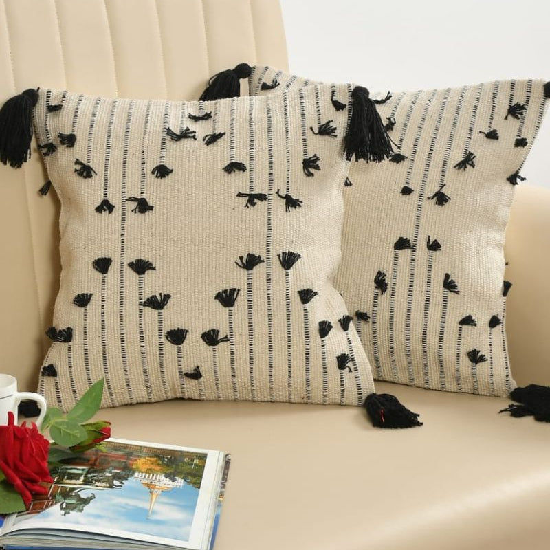 Cream & Black Boho Tassel Cushion Cover Set – Textured Woven Decorative Throw Pillows Cover Set for Sofa, Living Room & Bedroom (Pack of 2)