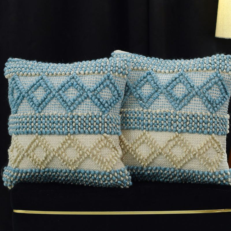 Boho Handwoven Cushion Cover Set – Blue & Cream Textured Decorative , Living Room & Bedroom ( Pack Of 2 )