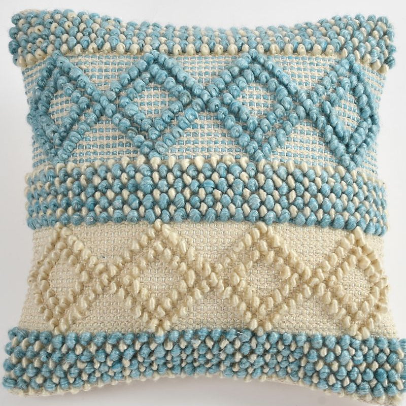 Boho Handwoven Cushion Cover Set – Blue & Cream Textured Decorative , Living Room & Bedroom ( Pack Of 2 )