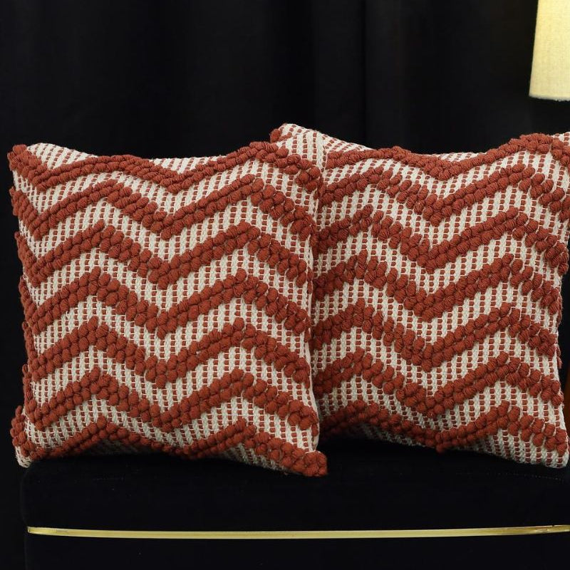 Rustic Terracotta Textured Cushion Cover Set – Boho Zigzag Decorative Throw Pillows Cover Set for Sofa, Living Room & Bedroom (Set of 2)