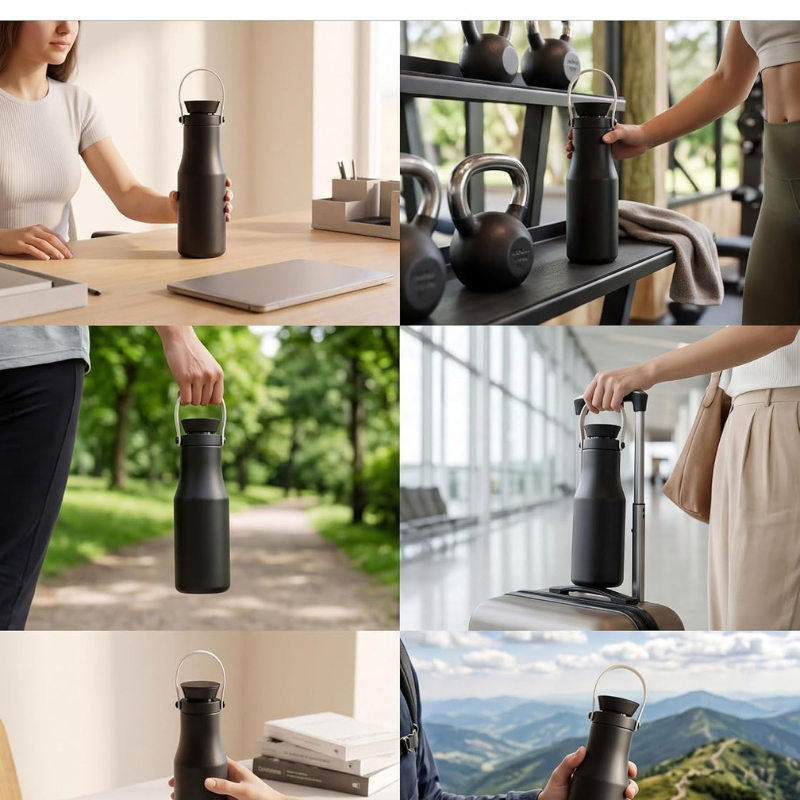 Premium Black Insulated Water Bottle with Carry Handle