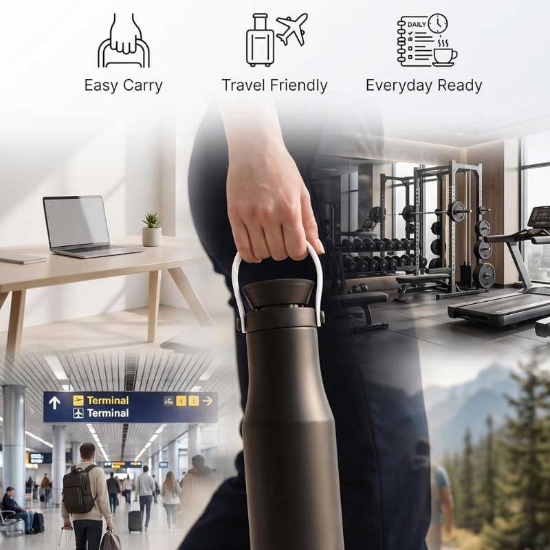 Premium Black Insulated Water Bottle with Carry Handle