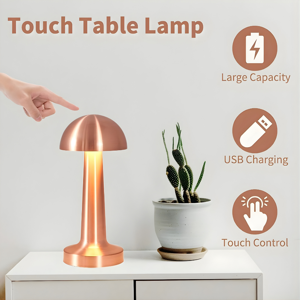 Modern Gold Mushroom Table Lamp | Rechargeable LED Touch Night Lamp