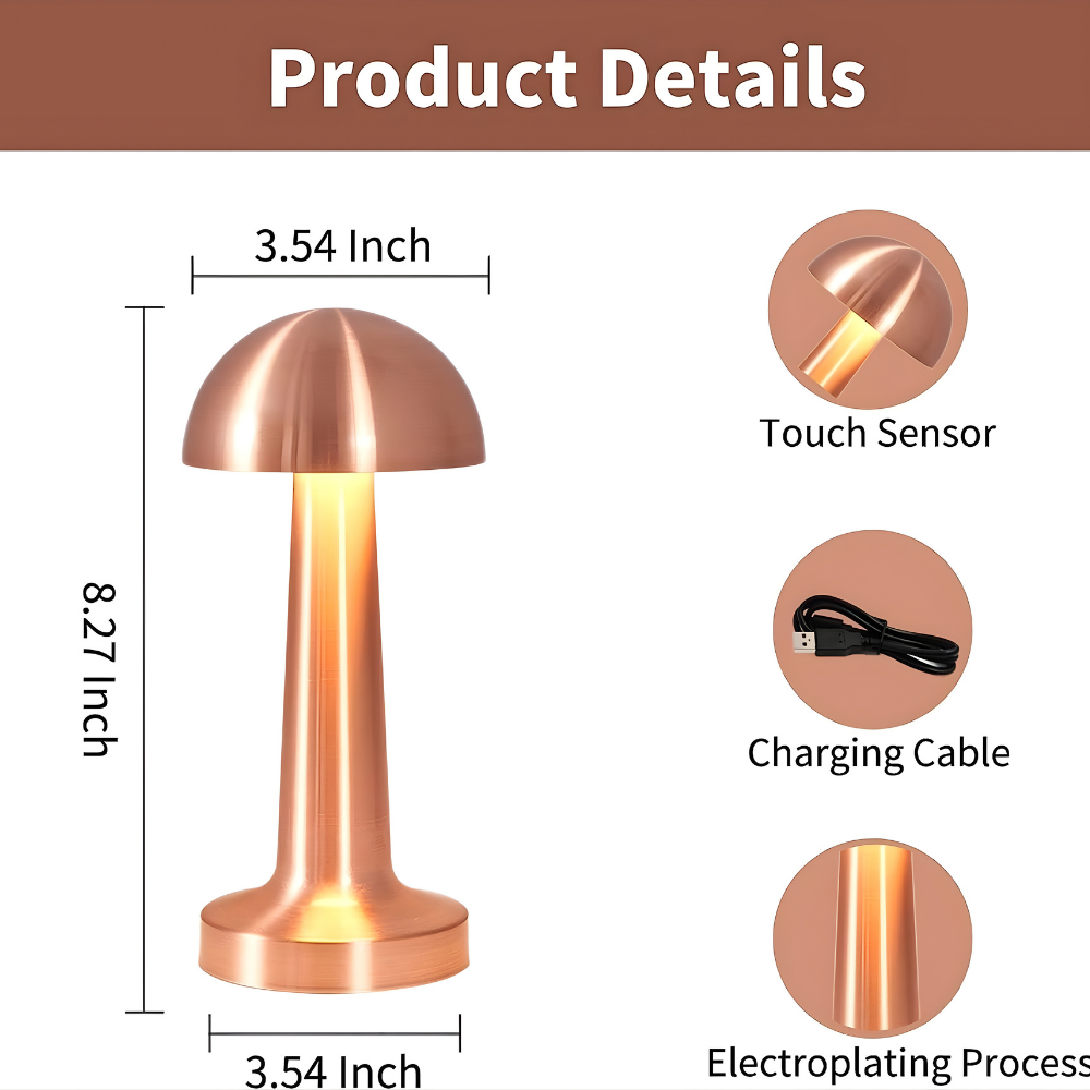Modern Gold Mushroom Table Lamp | Rechargeable LED Touch Night Lamp