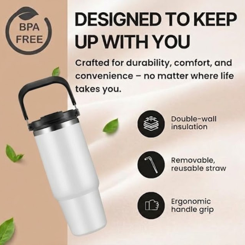 Modern Vacuum Insulated Travel WHITE COLOR Tumbler with Carry Handle  Short & Catchy