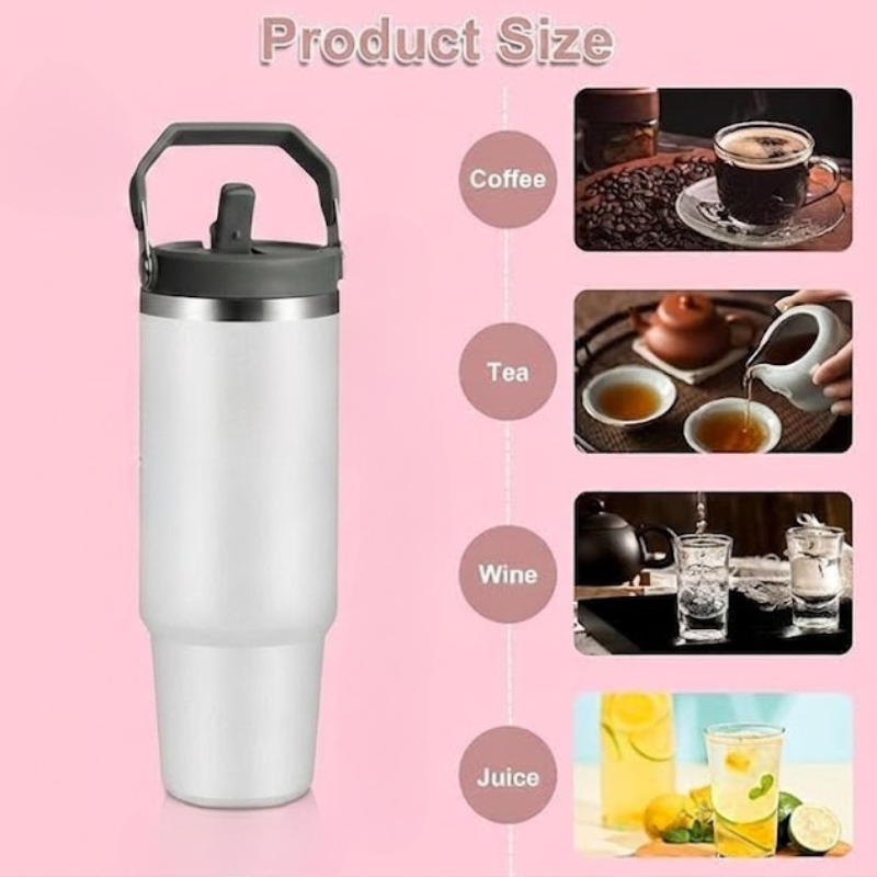 Modern Vacuum Insulated Travel WHITE COLOR Tumbler with Carry Handle  Short & Catchy