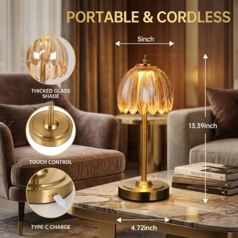 Golden Lotus Flower Table Lamp with Glass Petal Shade