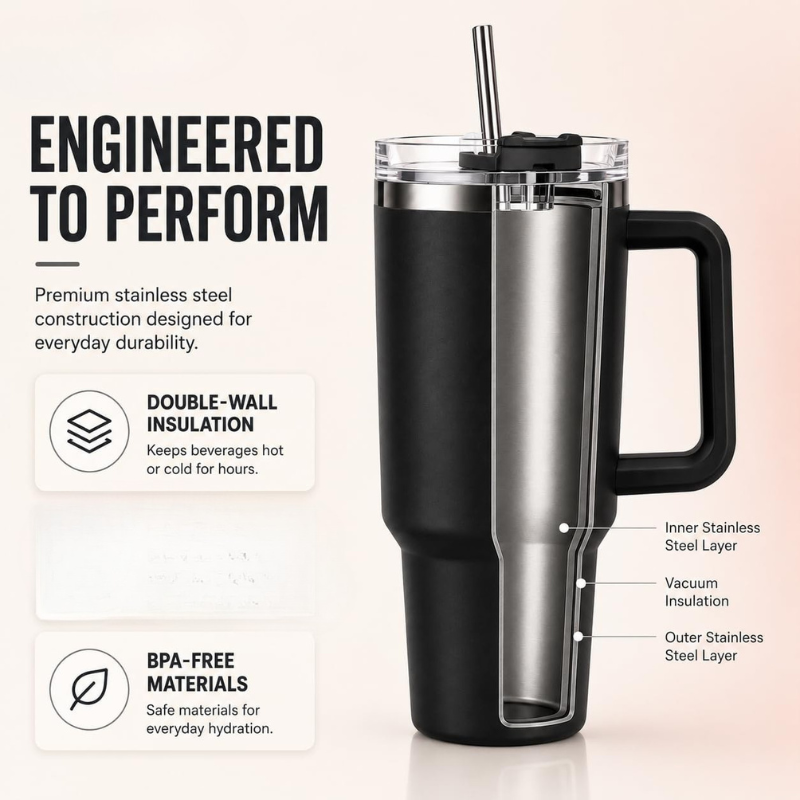 Quencher Flow State  Insulated Stainless Steel Tumbler with Handle – Matte Black